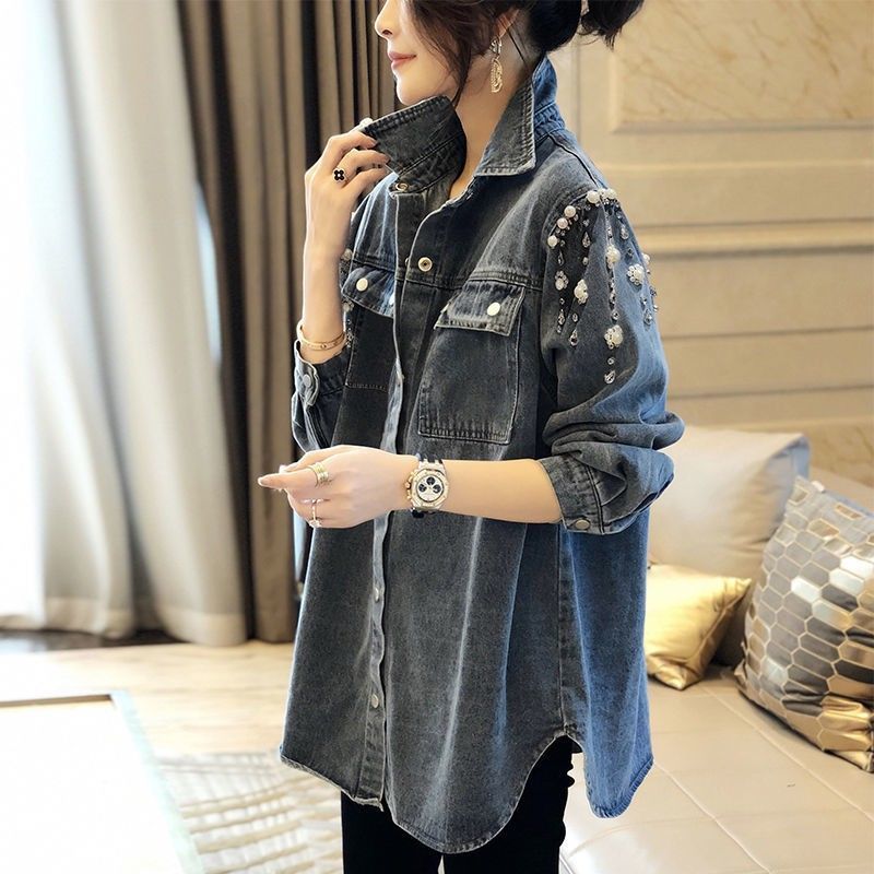 Embroidery Garments - Casual Denim Polo-Neck Shirt Fashion Pearl