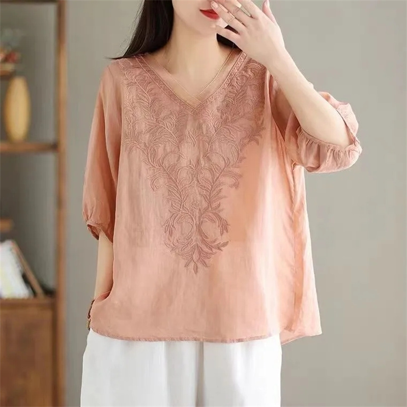 Embroidery Cotton Shirt - Retro Women Fashion V-neck Embroidery Shirt